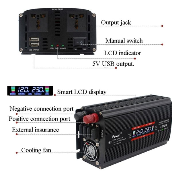 3000W LCD Smart Home Car Inverter 12V To 220V Power Converter Fashion