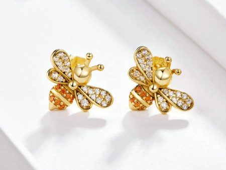 S925 Sterling Silver Earrings Golden Bee Inlaid Zircon Sterling Silver Stud Earrings, SCE344-B Fashion