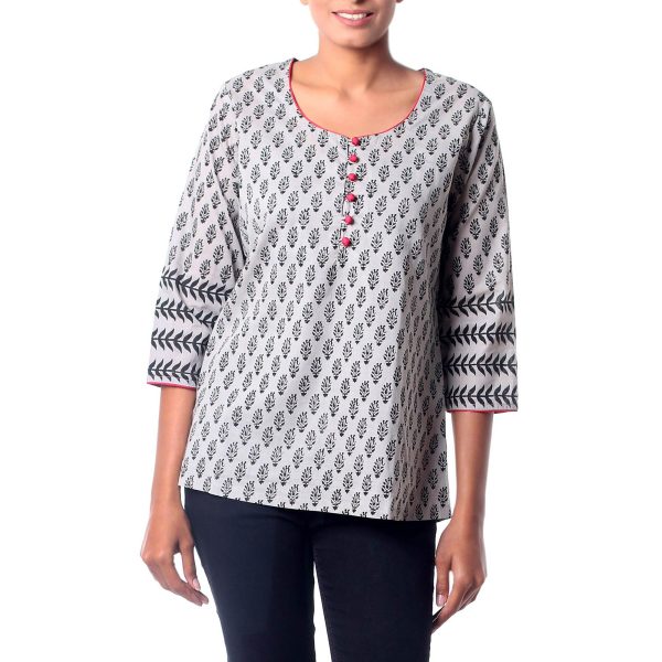 Paisley Dance Black & Gray Cotton Tunic Hot on Sale