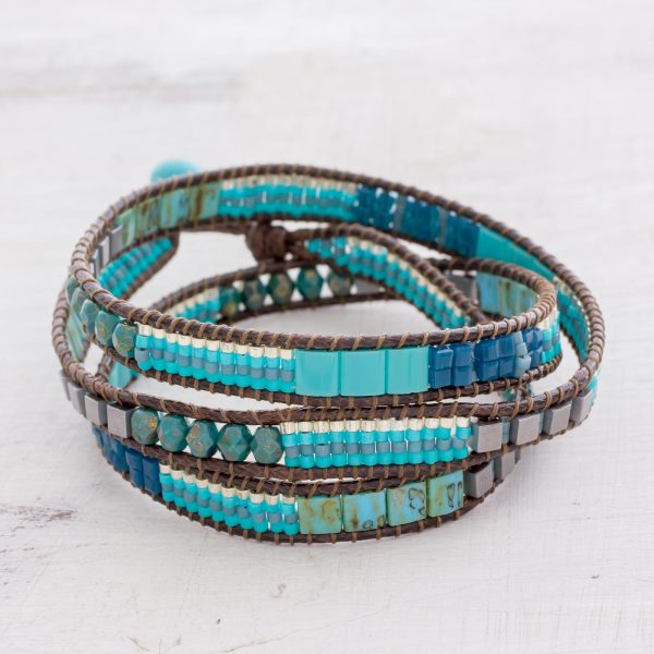 Mayan Monolith Glass Beaded Wrap Bracelet in Turquoise from Guatemala Fashion