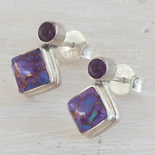 Purple Sparkle Turquoise & Silver Drop Earrings on Sale