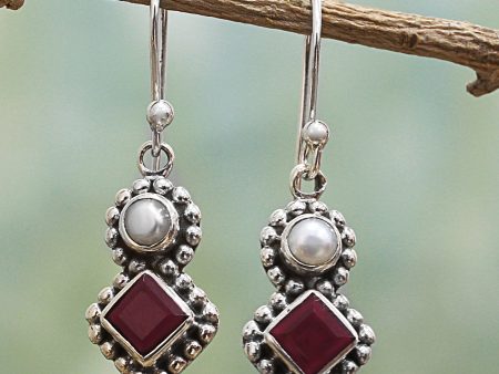 Kolkata Sparkle Garnet and Cultured Pearl Dangle Earrings in Silver 925 For Sale