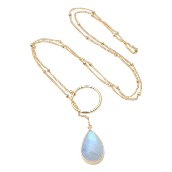 Sky Blue Teardrop Gold-Plated Rainbow Moonstone Pendant Necklace Supply