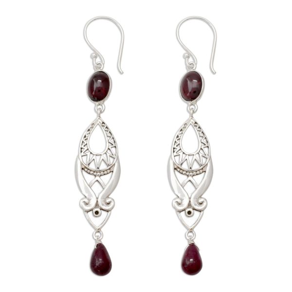 Mughal Mystery Long Ruby and Garnet Earrings in Sterling Silver from India For Cheap