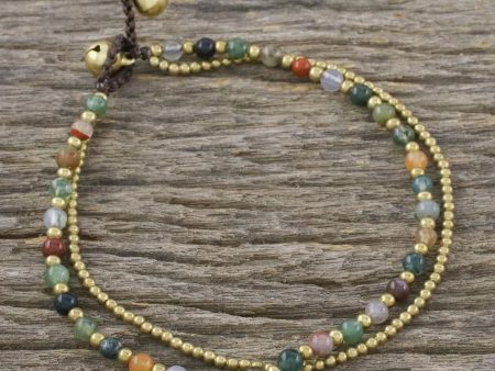 Valley of Color Handmade Multi-Color Agate Brass Beaded Anklet with Loop on Sale