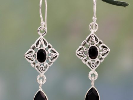 Regal in Black Ornate Black Onyx and Sterling Silver Dangle Style Earrings Fashion