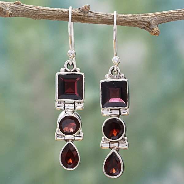 Radiant Glamour Geometric Garnet and Sterling Silver Dangle Earrings Online Hot Sale