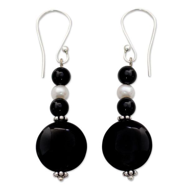 Midnight Kisses Onyx Pearl & Silver Earrings Cheap