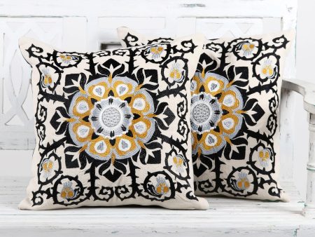 Jaipur Blossom Embroidered Cotton Ecru Cushion Covers from India (Pair) Online Sale