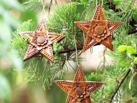 Sunny Christmas Hand Carved Star-Shaped Holiday Ornaments (Set of 3 Sale