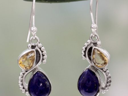 Two Teardrops Lapis Lazuli Citrine & Silver Earrings Online Sale