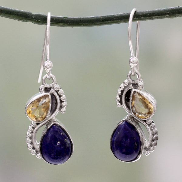 Two Teardrops Lapis Lazuli Citrine & Silver Earrings Online Sale