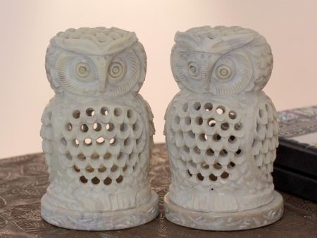 Lucky Owls Handcrafted Natural Soapstone Candleholders Discount