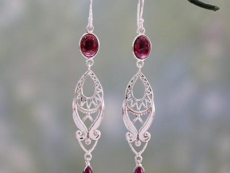 Mughal Mystery Long Ruby and Garnet Earrings in Sterling Silver from India For Cheap