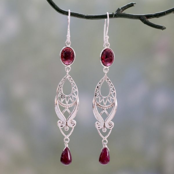 Mughal Mystery Long Ruby and Garnet Earrings in Sterling Silver from India For Cheap