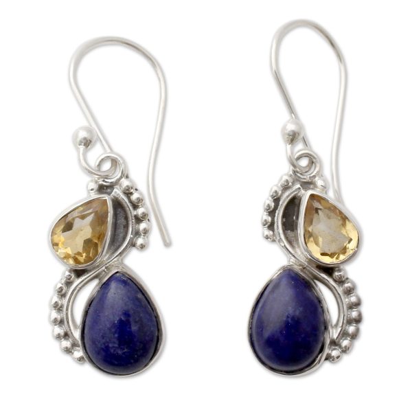 Two Teardrops Lapis Lazuli Citrine & Silver Earrings Online Sale