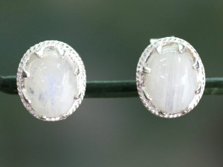 Morning Frost Moonstone & Silver Button Earrings on Sale