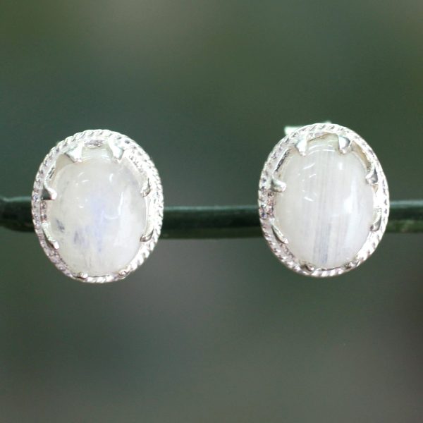 Morning Frost Moonstone & Silver Button Earrings on Sale