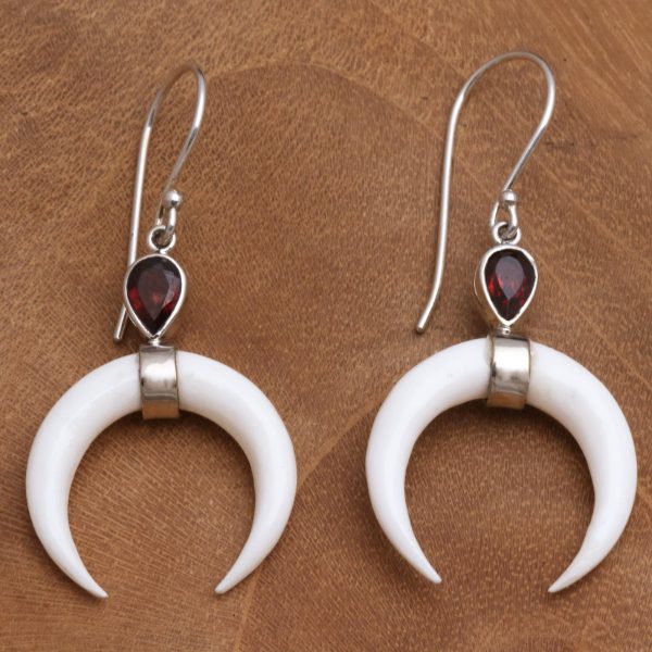 Sanur Crescents Garnet and Crescent Bone Dangle Earrings from Bali Online Hot Sale