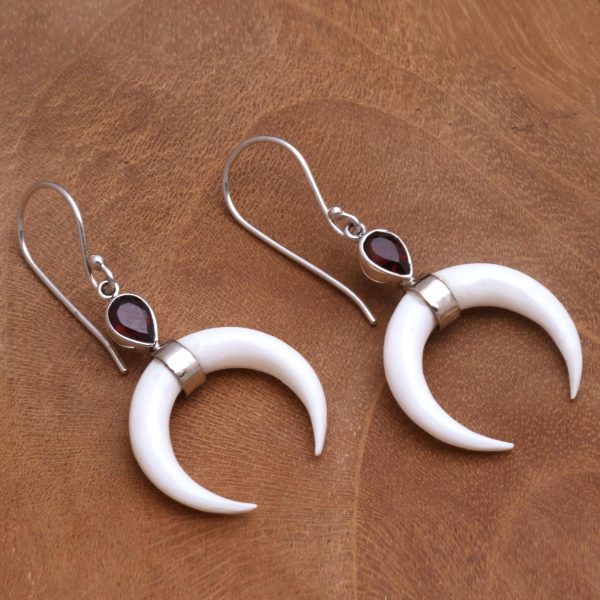 Sanur Crescents Garnet and Crescent Bone Dangle Earrings from Bali Online Hot Sale