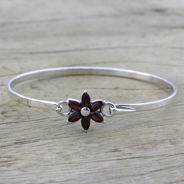 Marquise Flower Garnet and Sterling Silver Floral Bracelet from India For Cheap