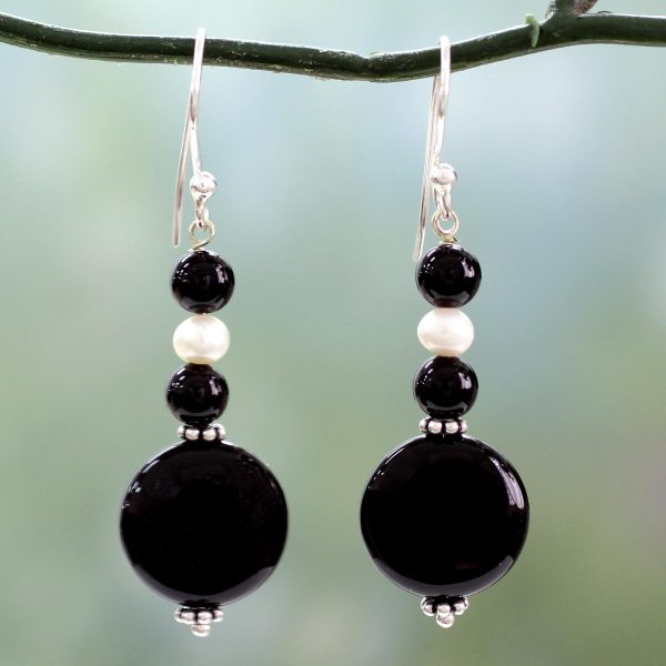 Midnight Kisses Onyx Pearl & Silver Earrings Cheap