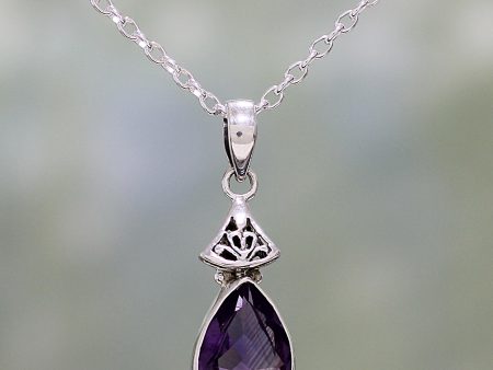 Lavender Drop Faceted Amethyst and Sterling Silver Necklace from India For Sale