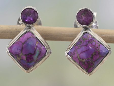 Purple Sparkle Turquoise & Silver Drop Earrings on Sale