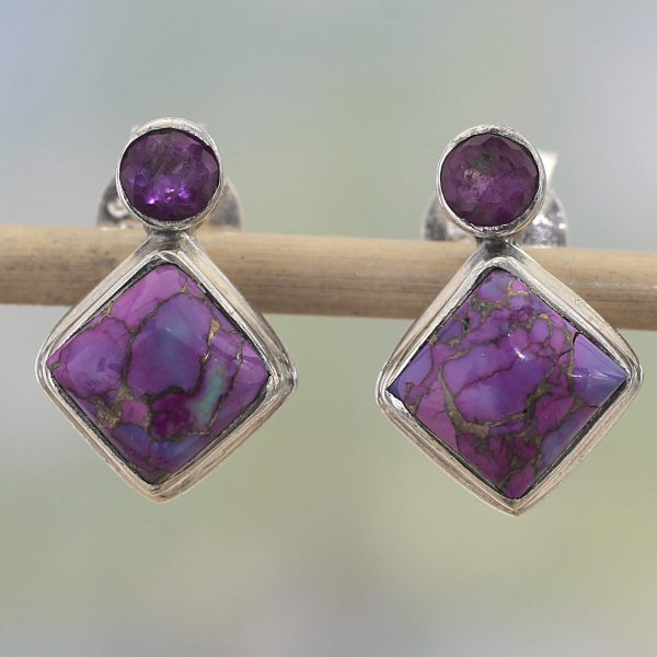 Purple Sparkle Turquoise & Silver Drop Earrings on Sale