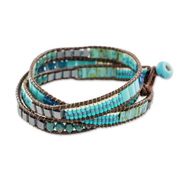 Mayan Monolith Glass Beaded Wrap Bracelet in Turquoise from Guatemala Fashion