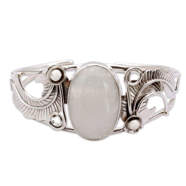 Rainbow Moonstone & Sterling Silver Floral Cuff Bracelet on Sale