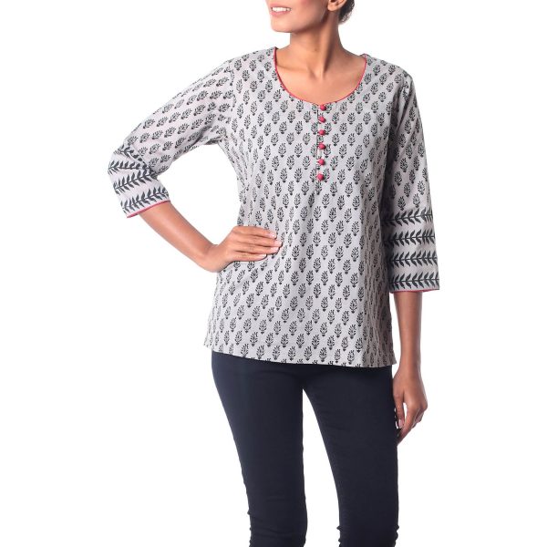 Paisley Dance Black & Gray Cotton Tunic Hot on Sale