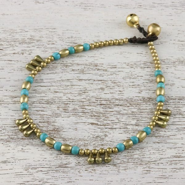 Musical Wanderer Calcite and Brass Beaded Anklet from Thailand Online Sale