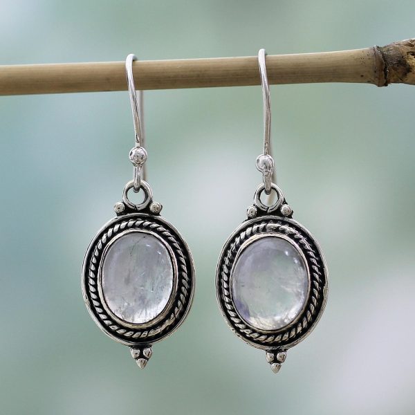 Moonlit Charm Sterling Silver Rainbow Moonstone Dangle Earrings India Hot on Sale