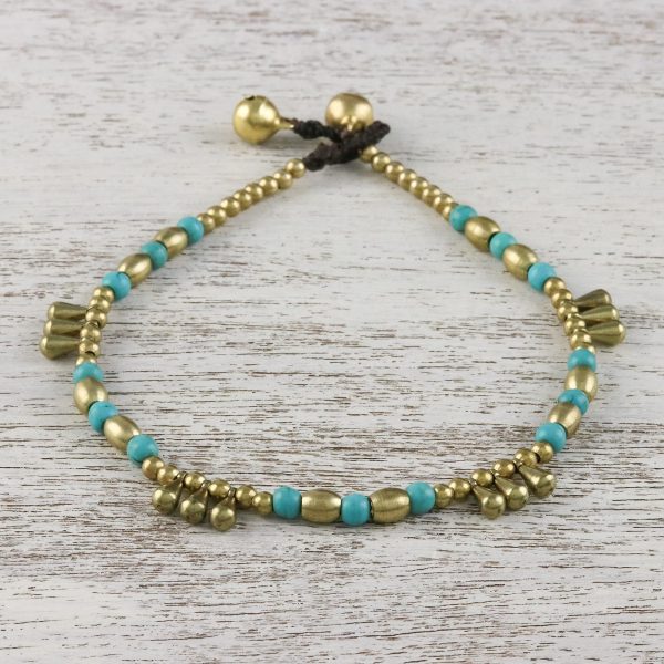 Musical Wanderer Calcite and Brass Beaded Anklet from Thailand Online Sale