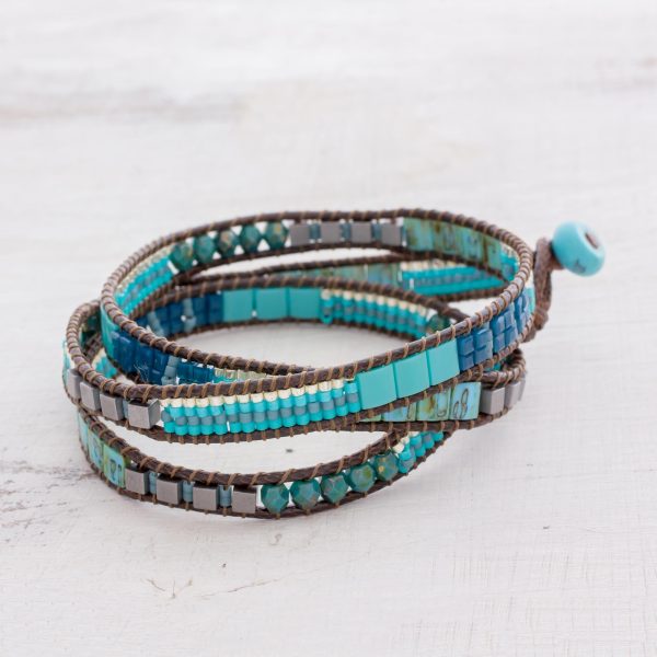 Mayan Monolith Glass Beaded Wrap Bracelet in Turquoise from Guatemala Fashion