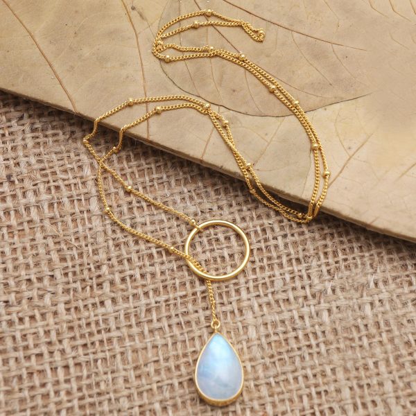 Sky Blue Teardrop Gold-Plated Rainbow Moonstone Pendant Necklace Supply