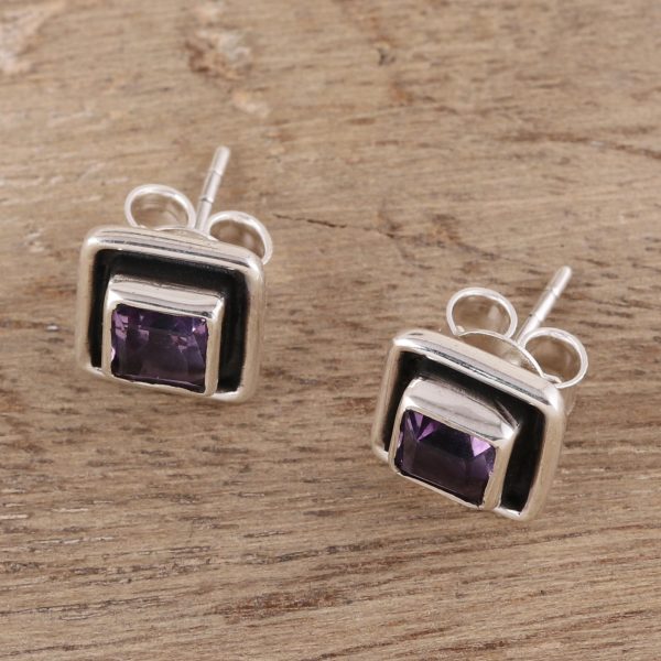 Regal Frame Square Amethyst Stud Earrings from India For Cheap