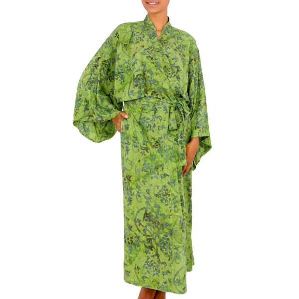 Emerald Forest Green Floral Batik Robe on Sale