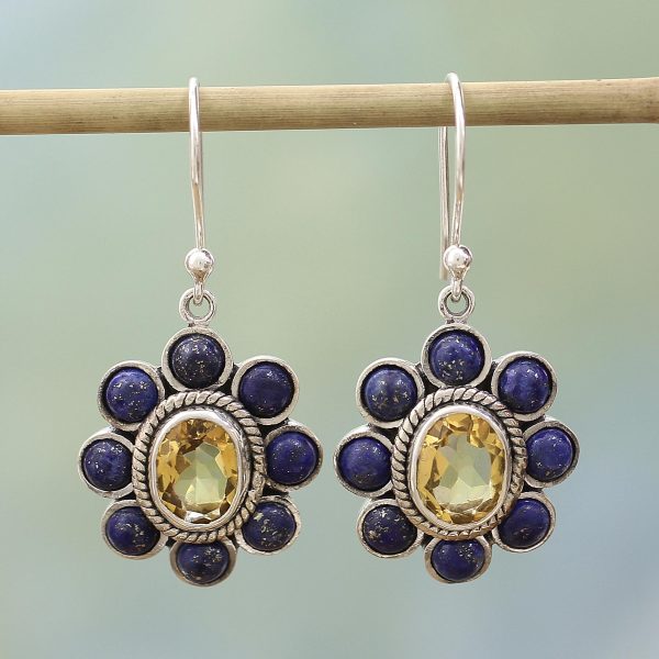 Sunny Blue Citrine & Lapis Lazuli Dangle Earrings For Cheap