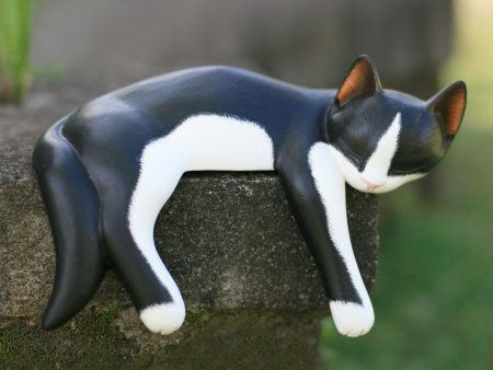 Snoozing Tuxedo Cat Albesia Wood Sculpture For Cheap