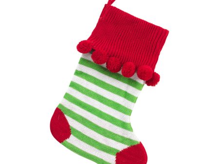 Green Stripe Pom-Pom Knit Stocking For Discount