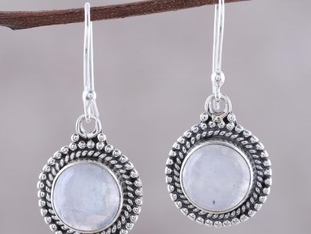 Moonlight Dots Round Rainbow Moonstone Dangle Earrings from India Online Hot Sale