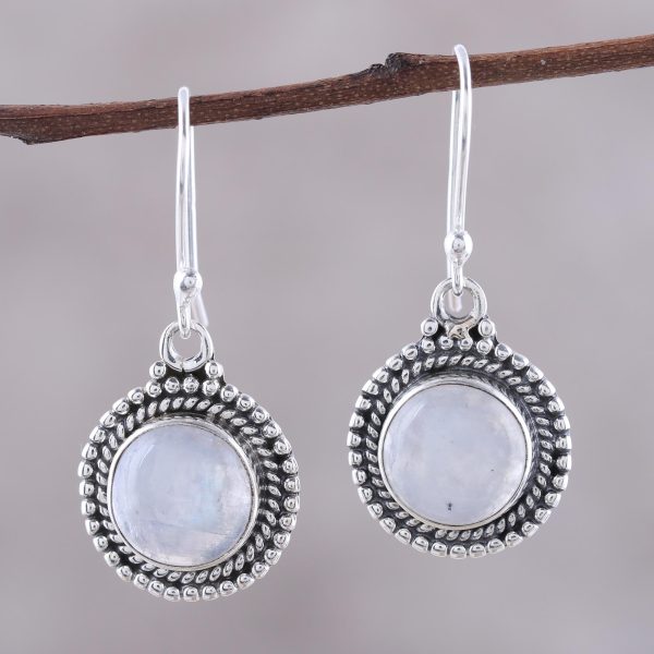 Moonlight Dots Round Rainbow Moonstone Dangle Earrings from India Online Hot Sale