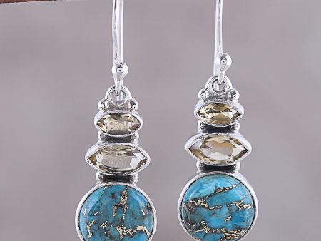 Peaceful Dazzle Citrine and Composite Turquoise Dangle Earrings from India For Sale