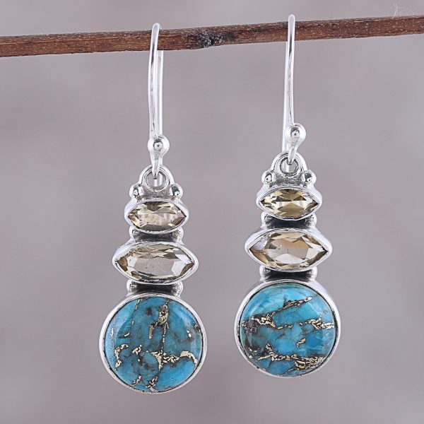 Peaceful Dazzle Citrine and Composite Turquoise Dangle Earrings from India For Sale