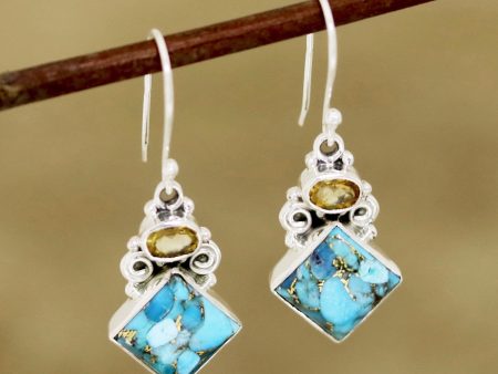 Sky Fragments Citrine and Composite Turquoise Dangle Earrings from India Online now