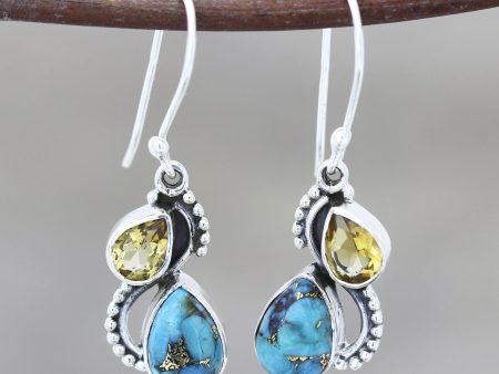 Two Teardrops Citrine and Composite Turquoise Teardrop Dangle Earrings Online