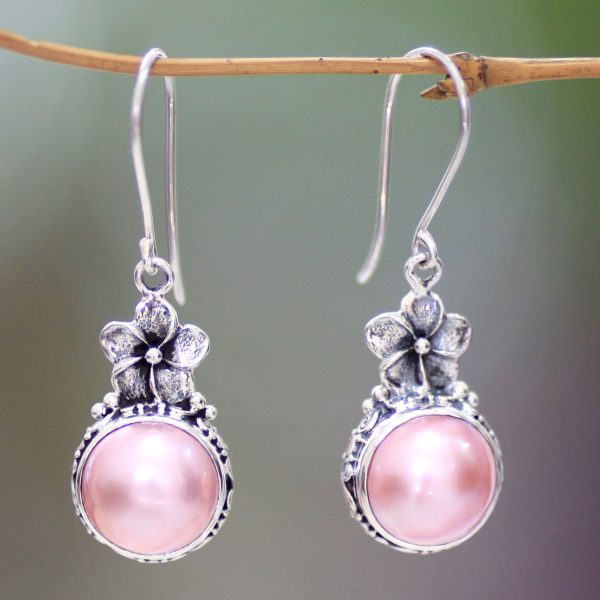 Pink Frangipani Pearl Silver Dangle Earrings Online Sale