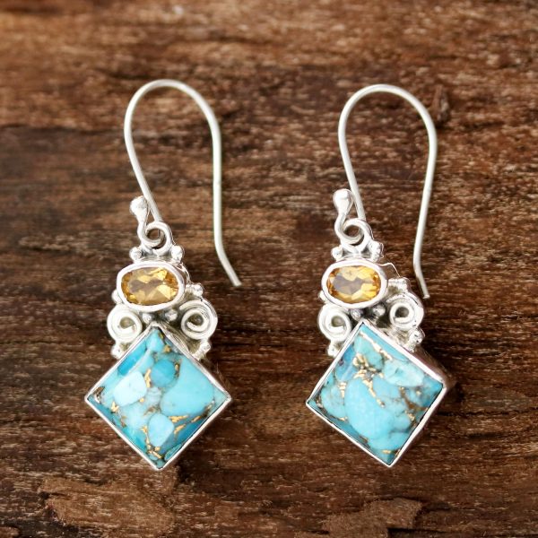 Sky Fragments Citrine and Composite Turquoise Dangle Earrings from India Online now